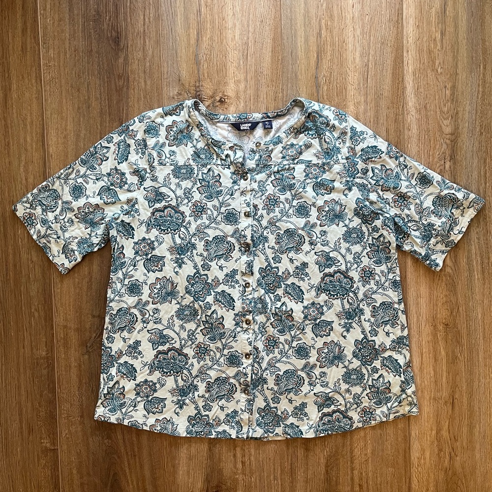 Teal Lands End Scoop-Neck Elbow-Sleeve Button-Down Printed Tee